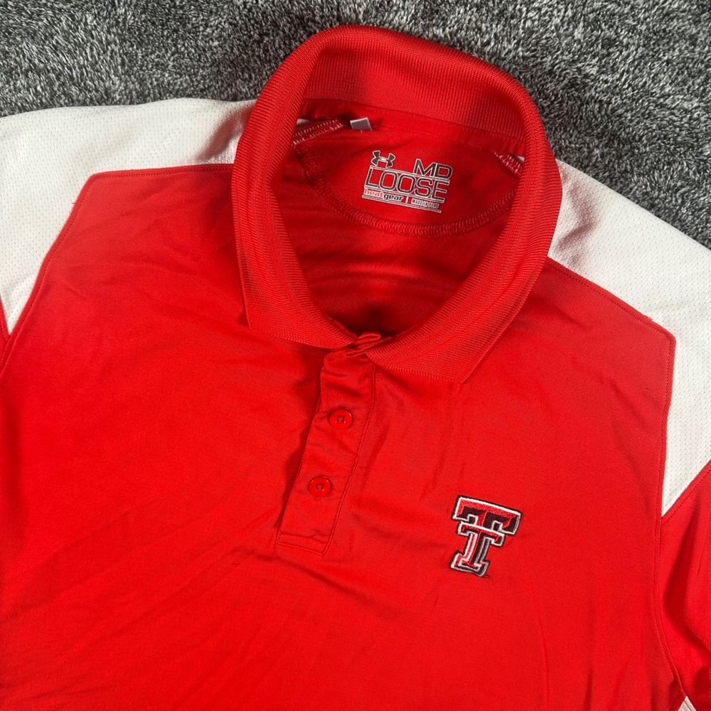 Texas Tech Under Armour Polo Shirt Mens M Red White NCAA Football HeatGear Loose